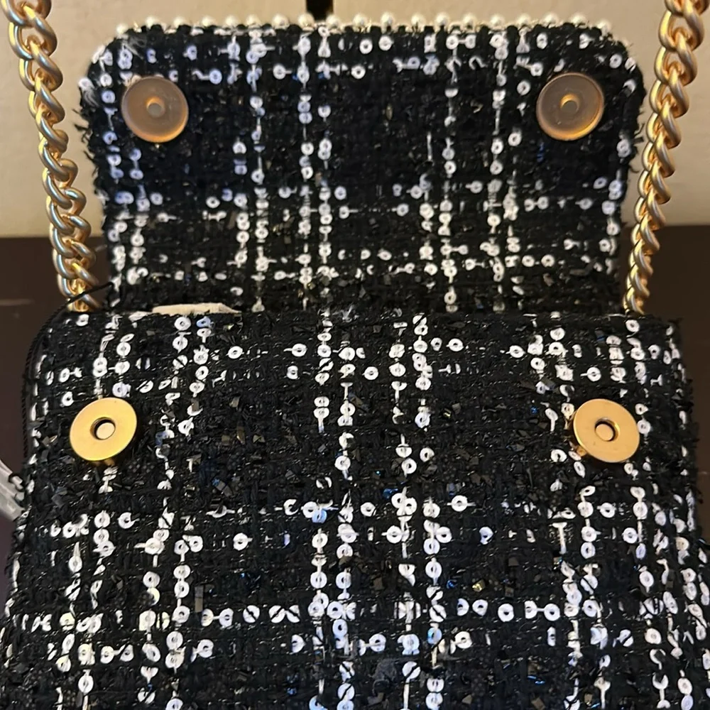 NWTGS Kurt Geiger black and white plaid bejeweled fabric handle mini Kensington! - Picture 5 of 9